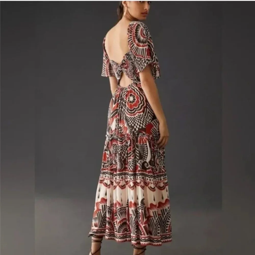 Anthropologie Tiered Maxi Brown and Red Patterned Maxi Dress Size Small NWT - Picture 2 of 8
